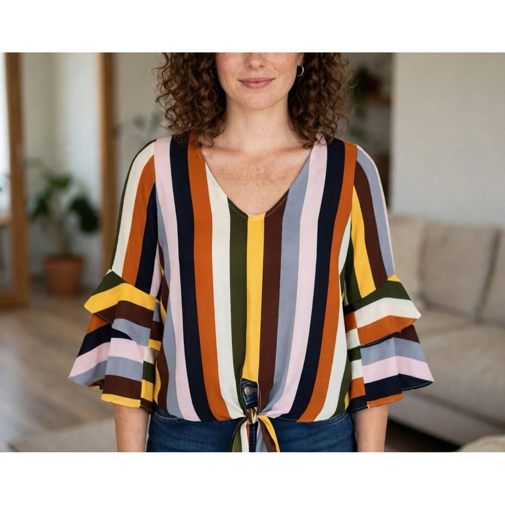 143 Story Womens Large Striped V-Neck Flare Boho Blouse Y2K Rave Bell
